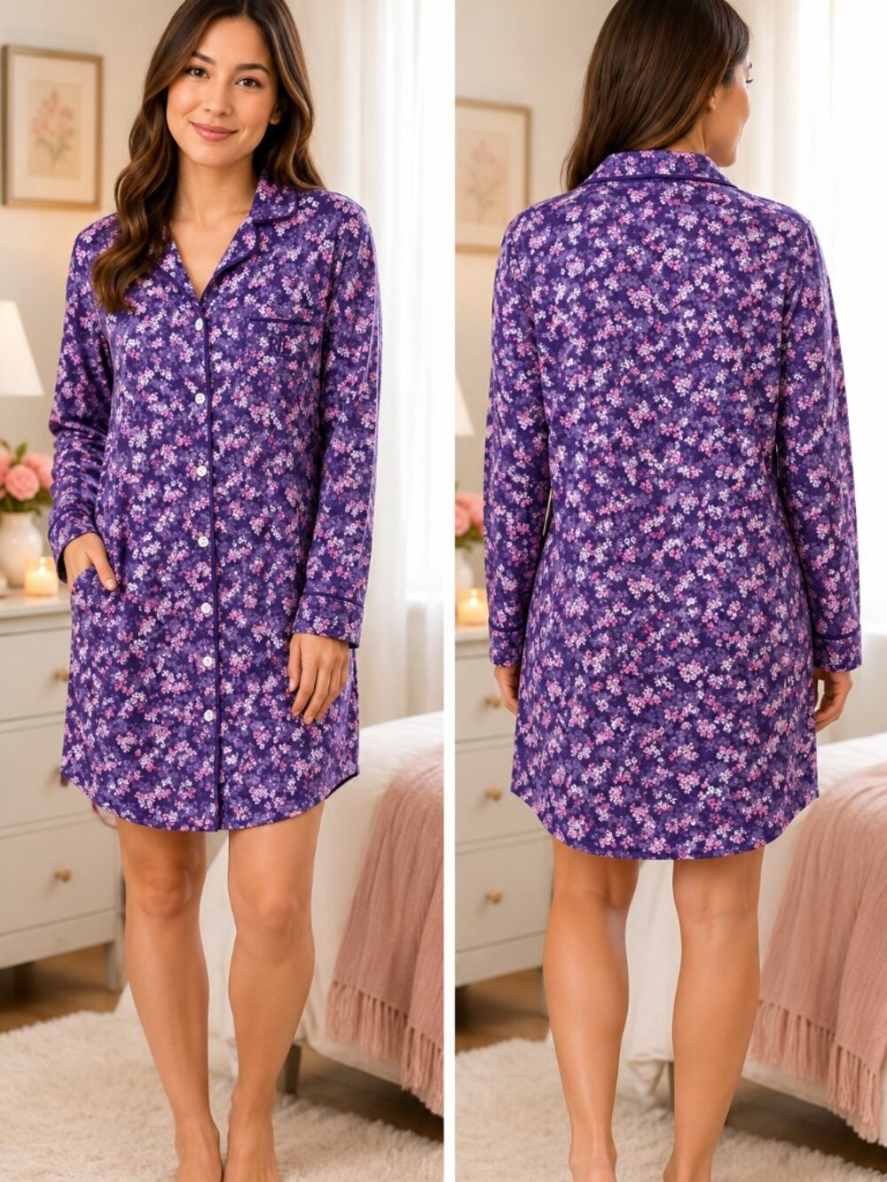 Lauren Ralph Lauren NWT Purple Floral Knit Sleep Shirt Nightgown Pajama Top Smal